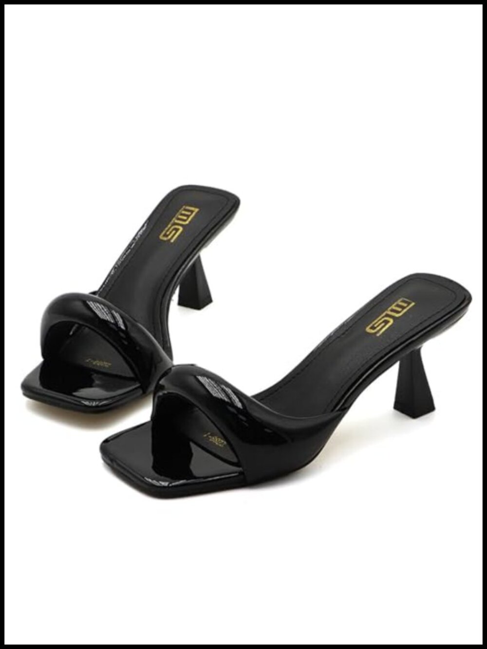 Women's Leather Square Open Toe Stiletto Slide Sandals Kitten Heel Mule Slip-On